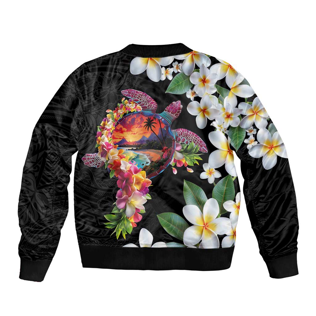 Hawaiian Lei Day Sleeve Zip Bomber Jacket Plumeria and Turtle with Polynesian Tribal Pattern LT03 - Polynesian Pride
