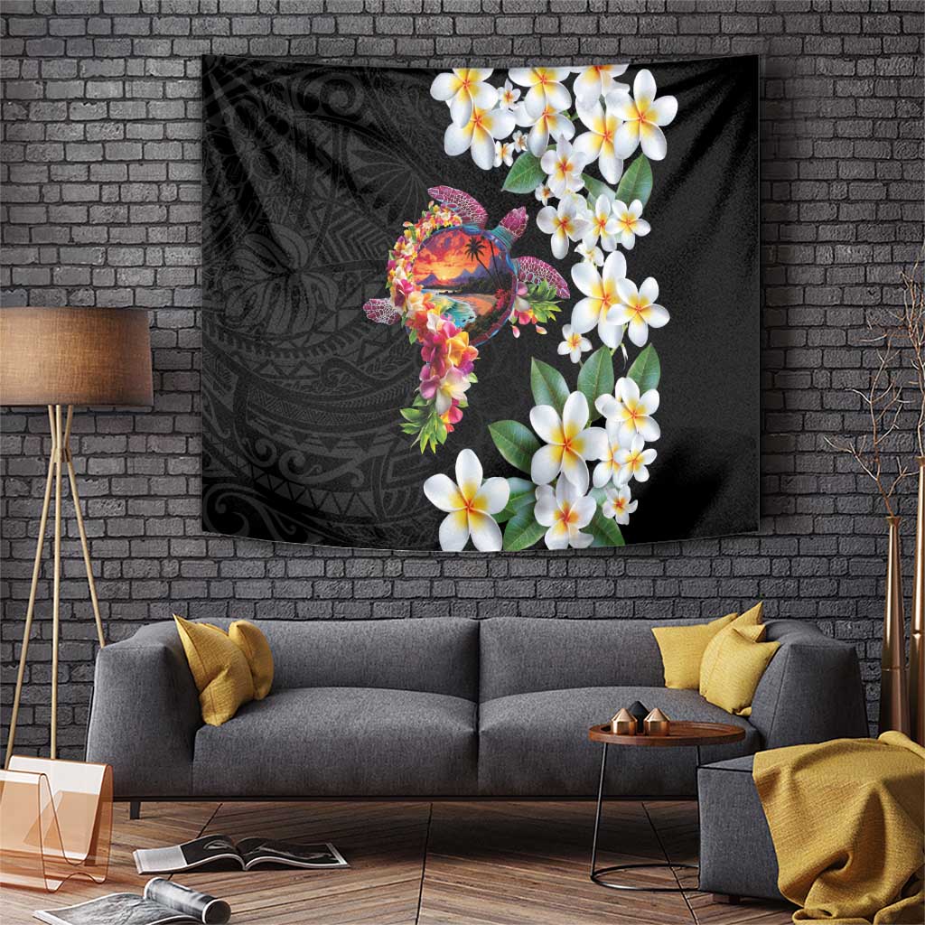 Hawaiian Lei Day Tapestry Plumeria and Turtle with Polynesian Tribal Pattern LT03 Black - Polynesian Pride