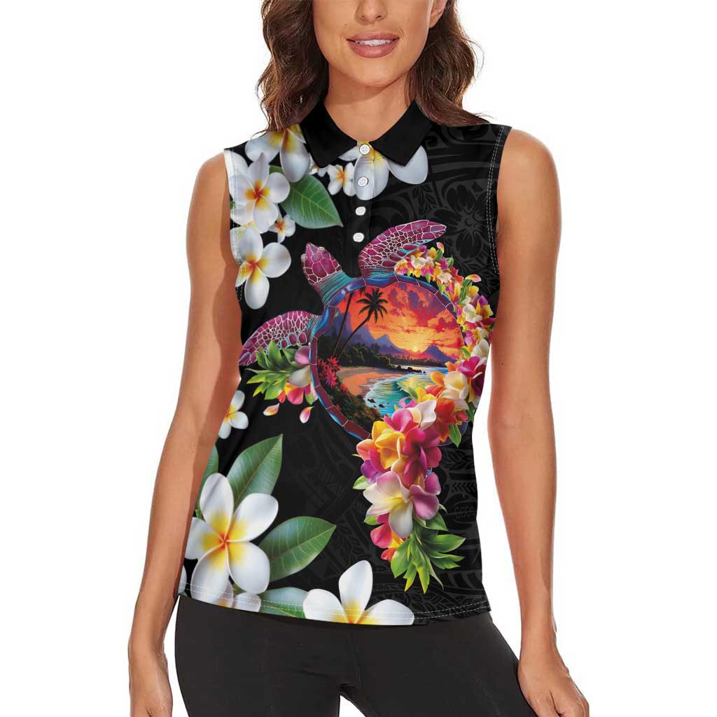 Hawaiian Lei Day Women Sleeveless Polo Shirt Plumeria and Turtle with Polynesian Tribal Pattern