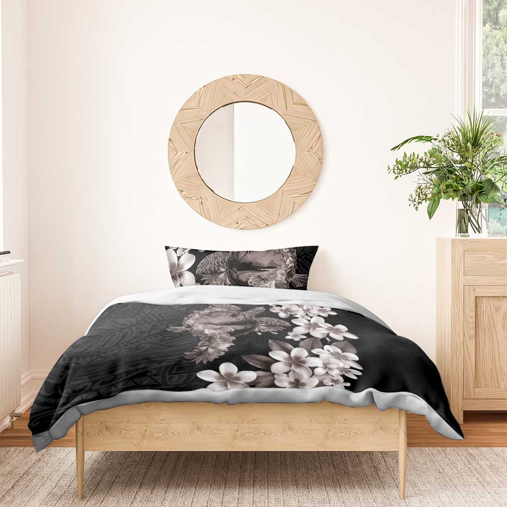 Hawaiian Lei Day Bedding Set Plumeria and Turtle with Polynesian Tribal Pattern Grayscale Color
