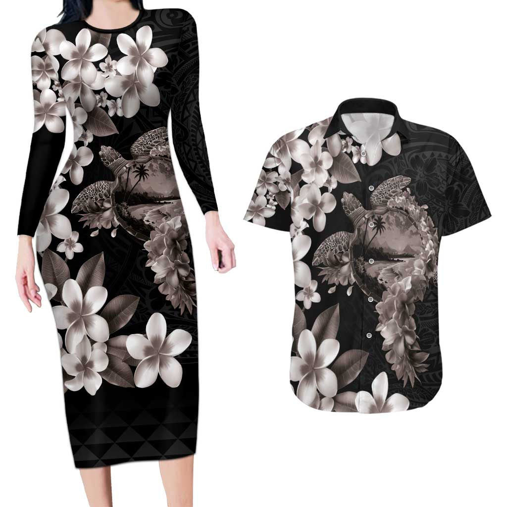 Hawaiian Lei Day Couples Matching Long Sleeve Bodycon Dress and Hawaiian Shirt Plumeria and Turtle with Polynesian Tribal Pattern Grayscale Color LT03 Black - Polynesian Pride
