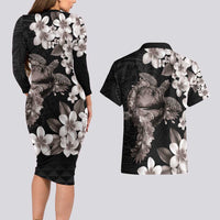 Hawaiian Lei Day Couples Matching Long Sleeve Bodycon Dress and Hawaiian Shirt Plumeria and Turtle with Polynesian Tribal Pattern Grayscale Color LT03 - Polynesian Pride
