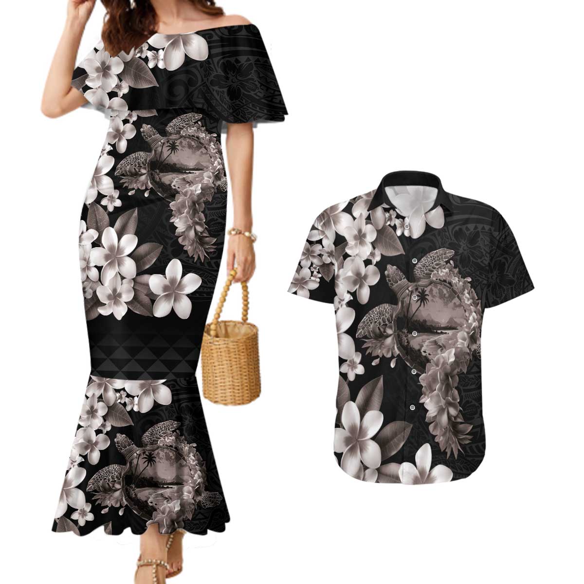 Hawaiian Lei Day Couples Matching Mermaid Dress and Hawaiian Shirt Plumeria and Turtle with Polynesian Tribal Pattern Grayscale Color LT03 Black - Polynesian Pride