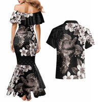 Hawaiian Lei Day Couples Matching Mermaid Dress and Hawaiian Shirt Plumeria and Turtle with Polynesian Tribal Pattern Grayscale Color LT03 - Polynesian Pride