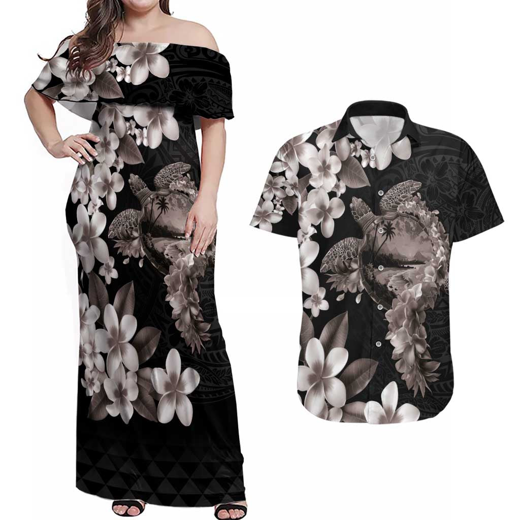 Hawaiian Lei Day Couples Matching Off Shoulder Maxi Dress and Hawaiian Shirt Plumeria and Turtle with Polynesian Tribal Pattern Grayscale Color LT03 Black - Polynesian Pride