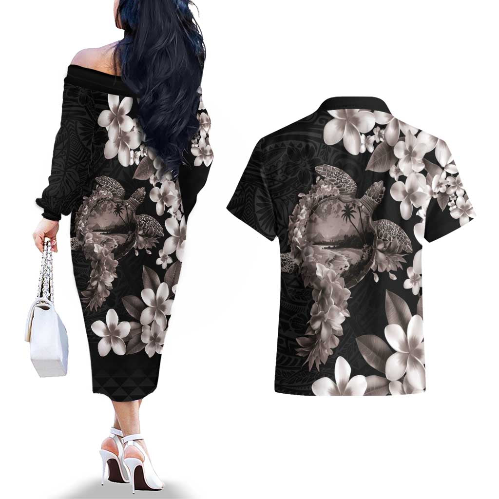 Hawaiian Lei Day Couples Matching Off The Shoulder Long Sleeve Dress and Hawaiian Shirt Plumeria and Turtle with Polynesian Tribal Pattern Grayscale Color LT03 - Polynesian Pride