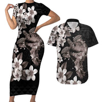 Hawaiian Lei Day Couples Matching Short Sleeve Bodycon Dress and Hawaiian Shirt Plumeria and Turtle with Polynesian Tribal Pattern Grayscale Color LT03 Black - Polynesian Pride
