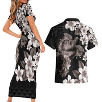 Hawaiian Lei Day Couples Matching Short Sleeve Bodycon Dress and Hawaiian Shirt Plumeria and Turtle with Polynesian Tribal Pattern Grayscale Color LT03 - Polynesian Pride