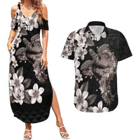 Hawaiian Lei Day Couples Matching Summer Maxi Dress and Hawaiian Shirt Plumeria and Turtle with Polynesian Tribal Pattern Grayscale Color LT03 Black - Polynesian Pride