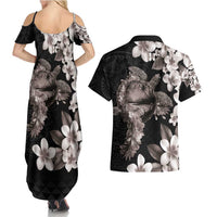 Hawaiian Lei Day Couples Matching Summer Maxi Dress and Hawaiian Shirt Plumeria and Turtle with Polynesian Tribal Pattern Grayscale Color LT03 - Polynesian Pride