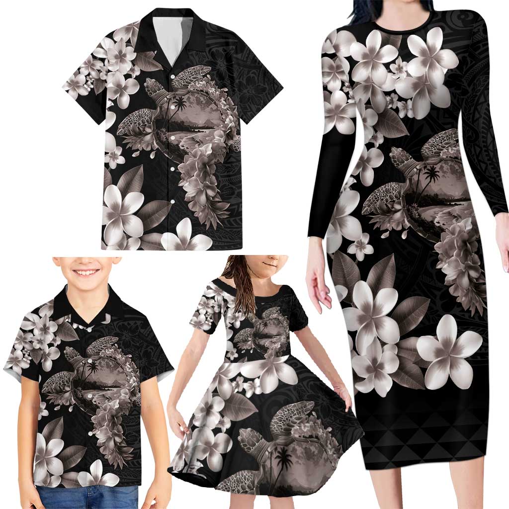 Hawaiian Lei Day Family Matching Long Sleeve Bodycon Dress and Hawaiian Shirt Plumeria and Turtle with Polynesian Tribal Pattern Grayscale Color LT03 - Polynesian Pride