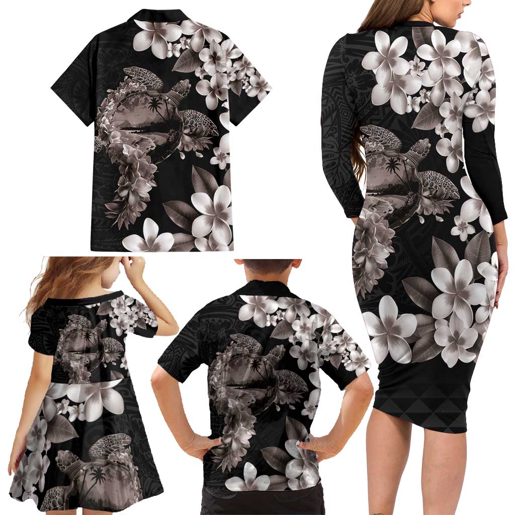 Hawaiian Lei Day Family Matching Long Sleeve Bodycon Dress and Hawaiian Shirt Plumeria and Turtle with Polynesian Tribal Pattern Grayscale Color LT03 - Polynesian Pride