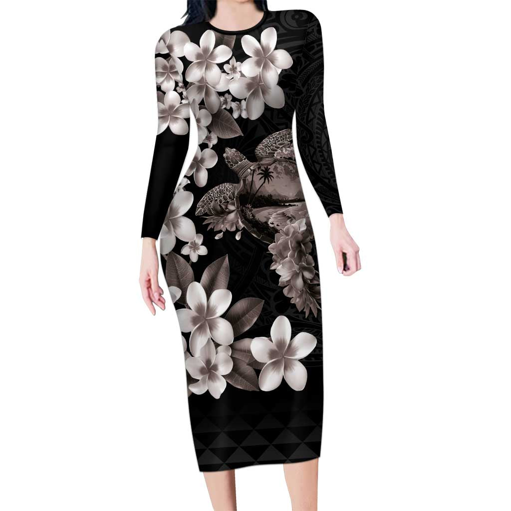 Hawaiian Lei Day Family Matching Long Sleeve Bodycon Dress and Hawaiian Shirt Plumeria and Turtle with Polynesian Tribal Pattern Grayscale Color LT03 Mom's Dress Black - Polynesian Pride