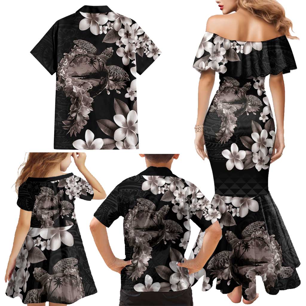 Hawaiian Lei Day Family Matching Mermaid Dress and Hawaiian Shirt Plumeria and Turtle with Polynesian Tribal Pattern Grayscale Color LT03 - Polynesian Pride