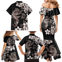 Hawaiian Lei Day Family Matching Mermaid Dress and Hawaiian Shirt Plumeria and Turtle with Polynesian Tribal Pattern Grayscale Color LT03 - Polynesian Pride