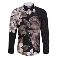 Hawaiian Lei Day Family Matching Mermaid Dress and Hawaiian Shirt Plumeria and Turtle with Polynesian Tribal Pattern Grayscale Color LT03 Dad's Shirt - Long Sleeve Black - Polynesian Pride