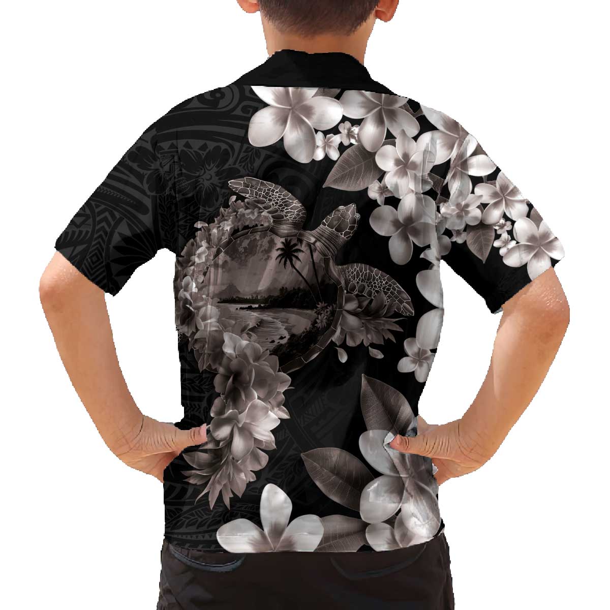 Hawaiian Lei Day Family Matching Off The Shoulder Long Sleeve Dress and Hawaiian Shirt Plumeria and Turtle with Polynesian Tribal Pattern Grayscale Color LT03 - Polynesian Pride