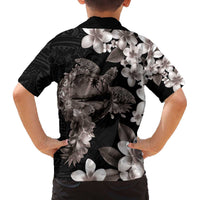 Hawaiian Lei Day Family Matching Off The Shoulder Long Sleeve Dress and Hawaiian Shirt Plumeria and Turtle with Polynesian Tribal Pattern Grayscale Color LT03 - Polynesian Pride