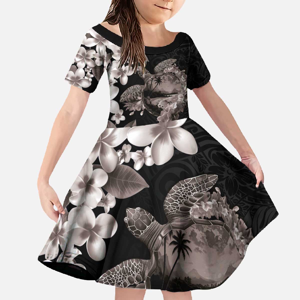 Hawaiian Lei Day Family Matching Off The Shoulder Long Sleeve Dress and Hawaiian Shirt Plumeria and Turtle with Polynesian Tribal Pattern Grayscale Color LT03 Daughter's Dress Black - Polynesian Pride