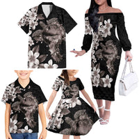 Hawaiian Lei Day Family Matching Off The Shoulder Long Sleeve Dress and Hawaiian Shirt Plumeria and Turtle with Polynesian Tribal Pattern Grayscale Color LT03 - Polynesian Pride