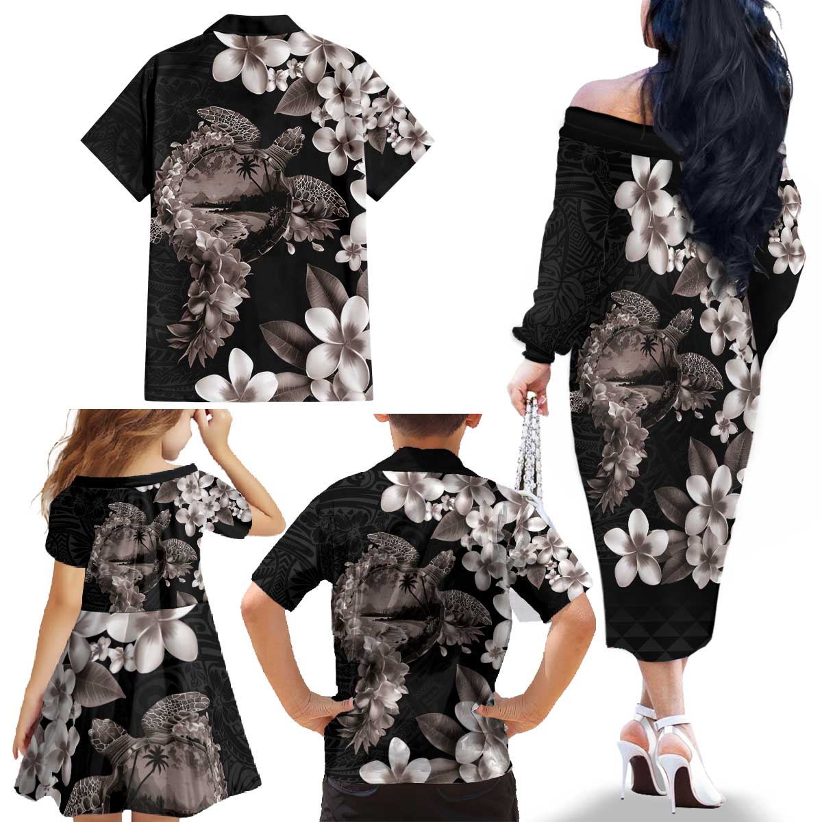 Hawaiian Lei Day Family Matching Off The Shoulder Long Sleeve Dress and Hawaiian Shirt Plumeria and Turtle with Polynesian Tribal Pattern Grayscale Color LT03 - Polynesian Pride