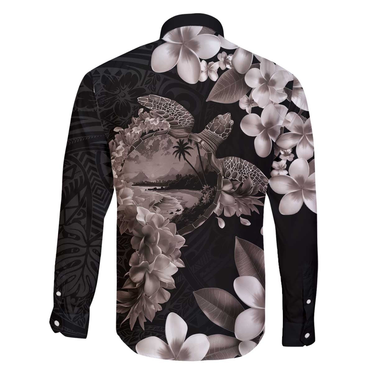 Hawaiian Lei Day Family Matching Off The Shoulder Long Sleeve Dress and Hawaiian Shirt Plumeria and Turtle with Polynesian Tribal Pattern Grayscale Color LT03 - Polynesian Pride
