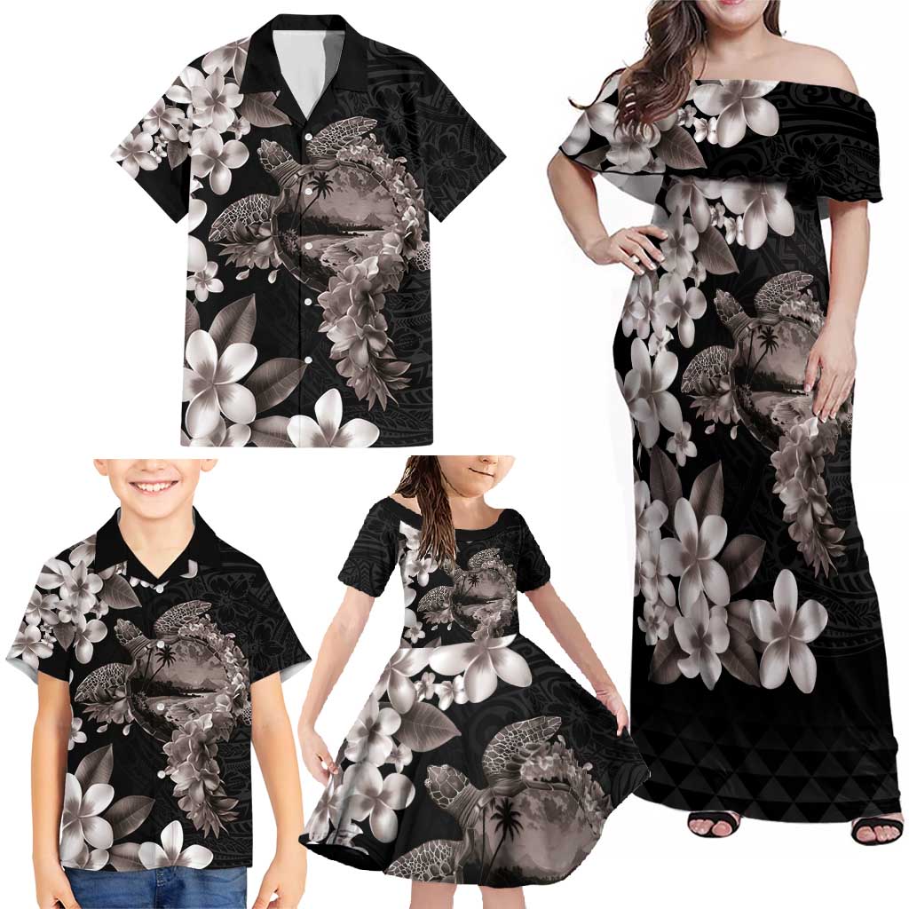 Hawaiian Lei Day Family Matching Off Shoulder Maxi Dress and Hawaiian Shirt Plumeria and Turtle with Polynesian Tribal Pattern Grayscale Color LT03 - Polynesian Pride