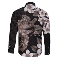 Hawaiian Lei Day Family Matching Off Shoulder Maxi Dress and Hawaiian Shirt Plumeria and Turtle with Polynesian Tribal Pattern Grayscale Color LT03 - Polynesian Pride