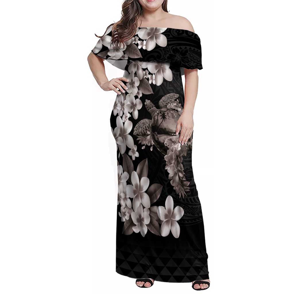 Hawaiian Lei Day Family Matching Off Shoulder Maxi Dress and Hawaiian Shirt Plumeria and Turtle with Polynesian Tribal Pattern Grayscale Color LT03 Mom's Dress Black - Polynesian Pride