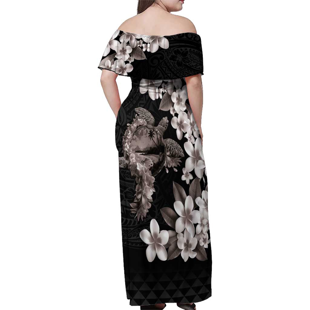 Hawaiian Lei Day Family Matching Off Shoulder Maxi Dress and Hawaiian Shirt Plumeria and Turtle with Polynesian Tribal Pattern Grayscale Color LT03 - Polynesian Pride