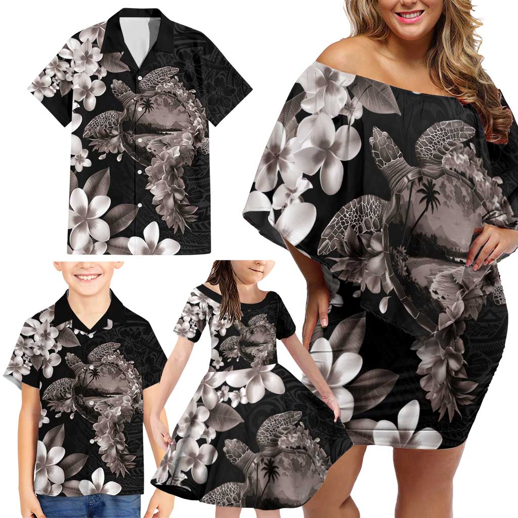 Hawaiian Lei Day Family Matching Off Shoulder Short Dress and Hawaiian Shirt Plumeria and Turtle with Polynesian Tribal Pattern Grayscale Color LT03 - Polynesian Pride