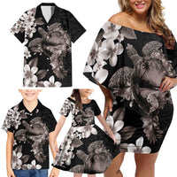 Hawaiian Lei Day Family Matching Off Shoulder Short Dress and Hawaiian Shirt Plumeria and Turtle with Polynesian Tribal Pattern Grayscale Color LT03 - Polynesian Pride