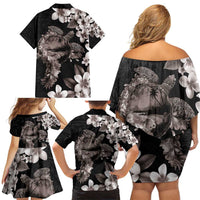 Hawaiian Lei Day Family Matching Off Shoulder Short Dress and Hawaiian Shirt Plumeria and Turtle with Polynesian Tribal Pattern Grayscale Color LT03 - Polynesian Pride