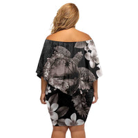 Hawaiian Lei Day Family Matching Off Shoulder Short Dress and Hawaiian Shirt Plumeria and Turtle with Polynesian Tribal Pattern Grayscale Color LT03 - Polynesian Pride
