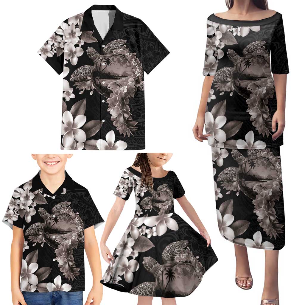 Hawaiian Lei Day Family Matching Puletasi and Hawaiian Shirt Plumeria and Turtle with Polynesian Tribal Pattern Grayscale Color LT03 - Polynesian Pride