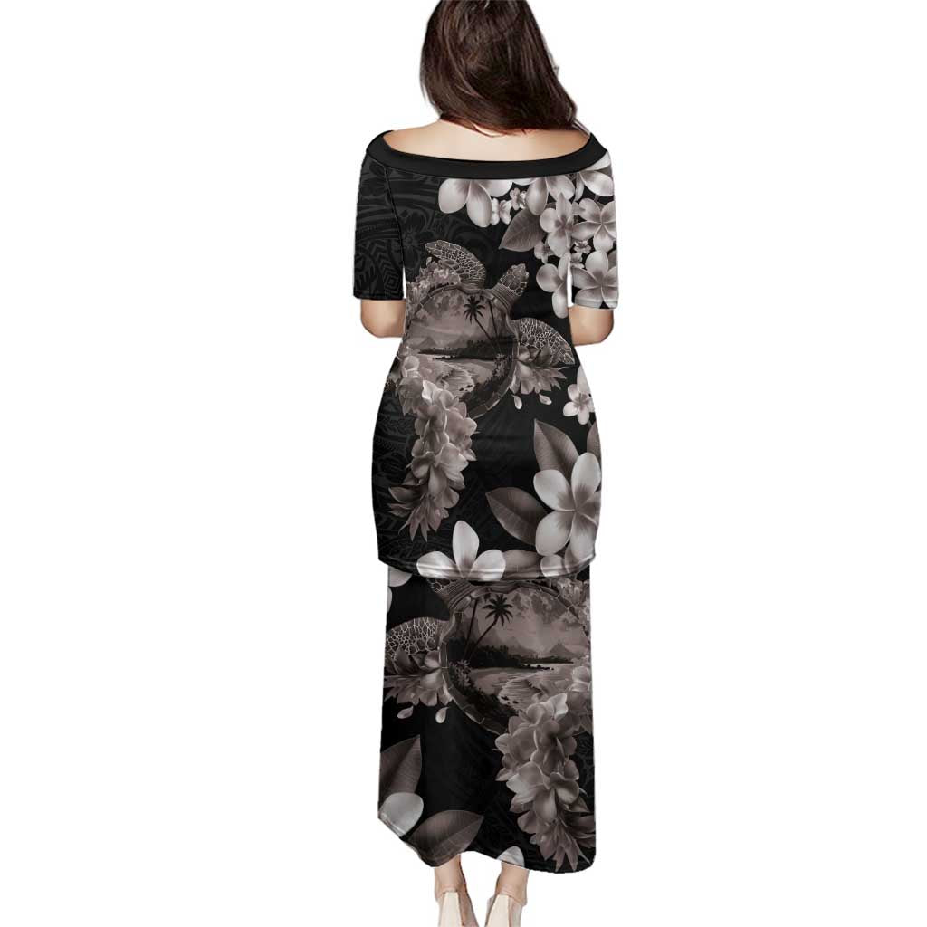 Hawaiian Lei Day Family Matching Puletasi and Hawaiian Shirt Plumeria and Turtle with Polynesian Tribal Pattern Grayscale Color LT03 - Polynesian Pride