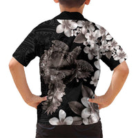 Hawaiian Lei Day Family Matching Short Sleeve Bodycon Dress and Hawaiian Shirt Plumeria and Turtle with Polynesian Tribal Pattern Grayscale Color LT03 - Polynesian Pride