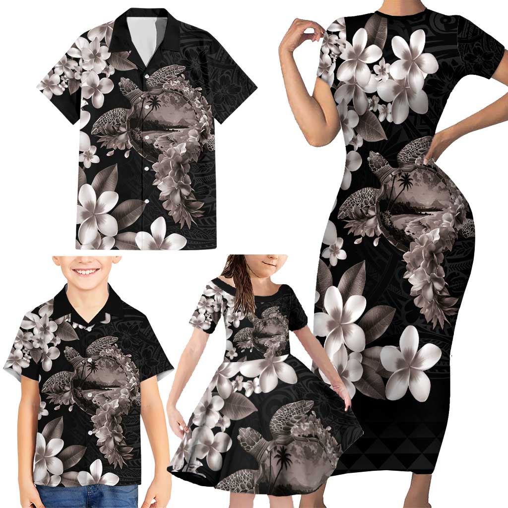 Hawaiian Lei Day Family Matching Short Sleeve Bodycon Dress and Hawaiian Shirt Plumeria and Turtle with Polynesian Tribal Pattern Grayscale Color LT03 - Polynesian Pride