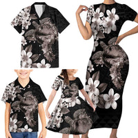 Hawaiian Lei Day Family Matching Short Sleeve Bodycon Dress and Hawaiian Shirt Plumeria and Turtle with Polynesian Tribal Pattern Grayscale Color LT03 - Polynesian Pride