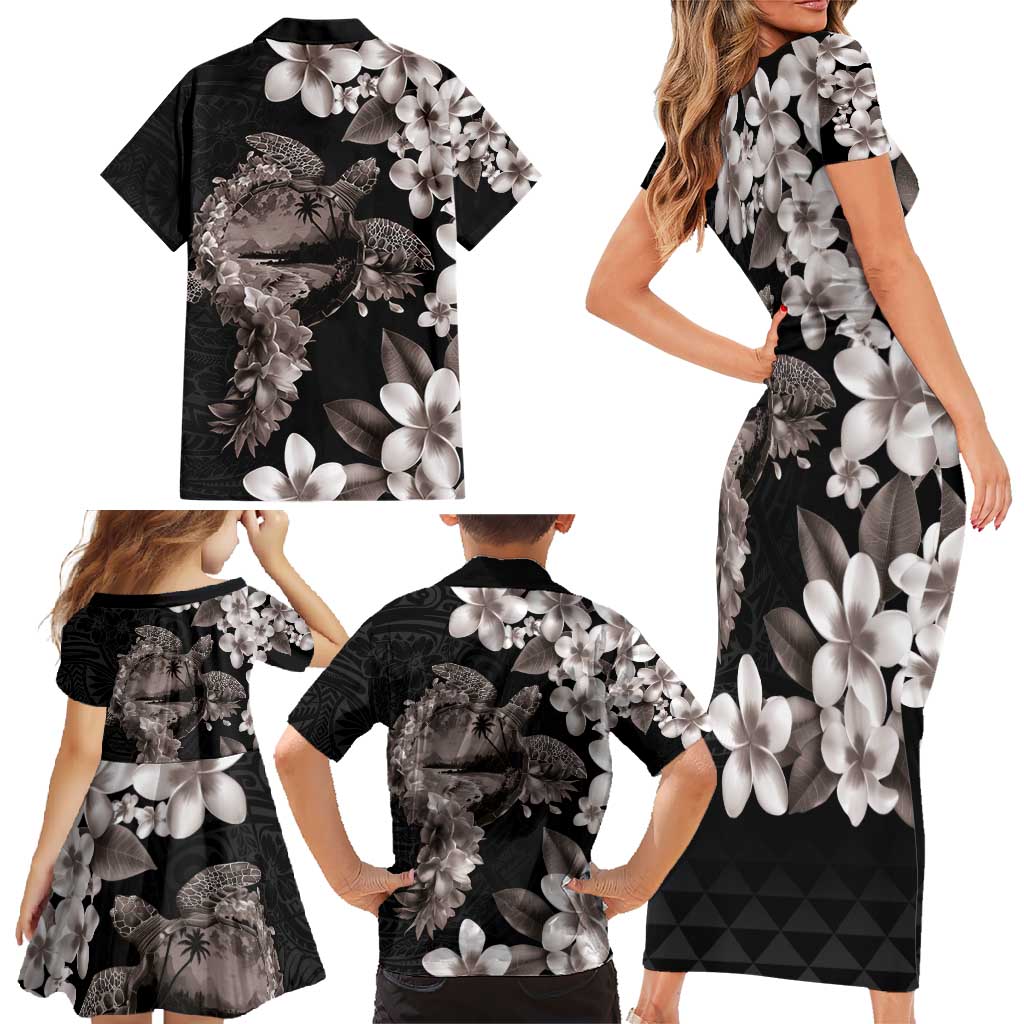 Hawaiian Lei Day Family Matching Short Sleeve Bodycon Dress and Hawaiian Shirt Plumeria and Turtle with Polynesian Tribal Pattern Grayscale Color LT03 - Polynesian Pride
