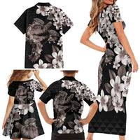 Hawaiian Lei Day Family Matching Short Sleeve Bodycon Dress and Hawaiian Shirt Plumeria and Turtle with Polynesian Tribal Pattern Grayscale Color LT03 - Polynesian Pride