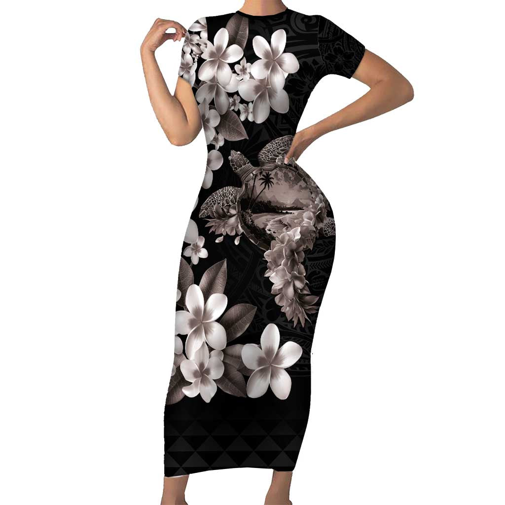 Hawaiian Lei Day Family Matching Short Sleeve Bodycon Dress and Hawaiian Shirt Plumeria and Turtle with Polynesian Tribal Pattern Grayscale Color LT03 Mom's Dress Black - Polynesian Pride