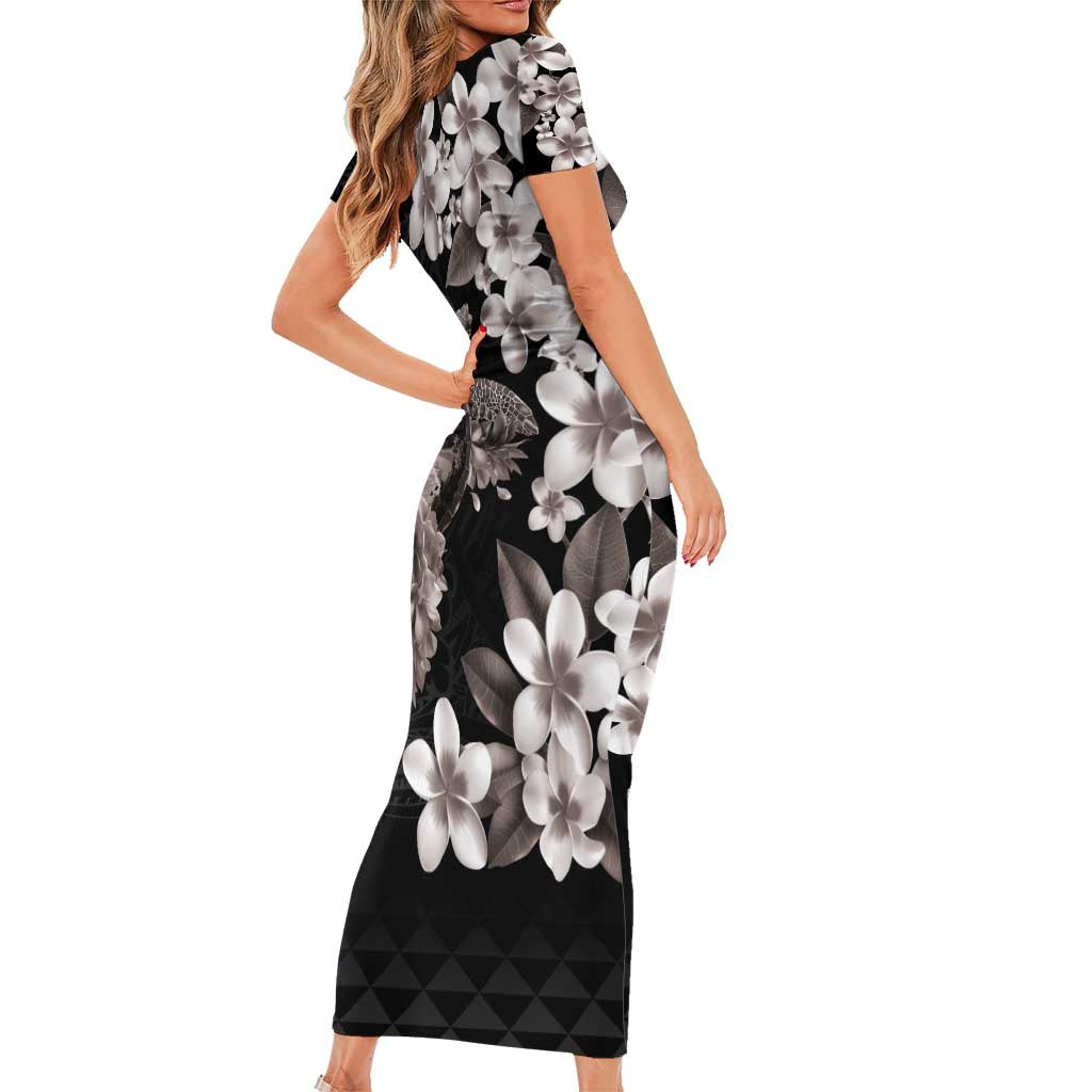 Hawaiian Lei Day Family Matching Short Sleeve Bodycon Dress and Hawaiian Shirt Plumeria and Turtle with Polynesian Tribal Pattern Grayscale Color LT03 - Polynesian Pride