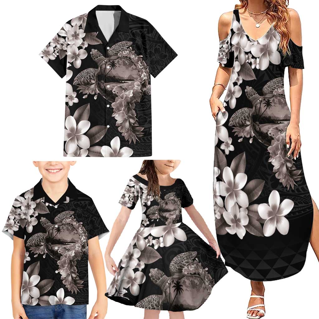 Hawaiian Lei Day Family Matching Summer Maxi Dress and Hawaiian Shirt Plumeria and Turtle with Polynesian Tribal Pattern Grayscale Color LT03 - Polynesian Pride