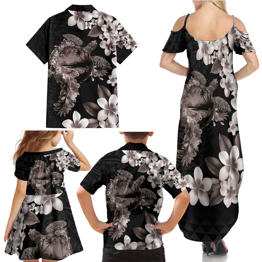 Hawaiian Lei Day Family Matching Summer Maxi Dress and Hawaiian Shirt Plumeria and Turtle with Polynesian Tribal Pattern Grayscale Color LT03 - Polynesian Pride