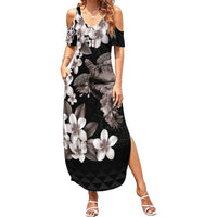 Hawaiian Lei Day Family Matching Summer Maxi Dress and Hawaiian Shirt Plumeria and Turtle with Polynesian Tribal Pattern Grayscale Color LT03 Mom's Dress Black - Polynesian Pride