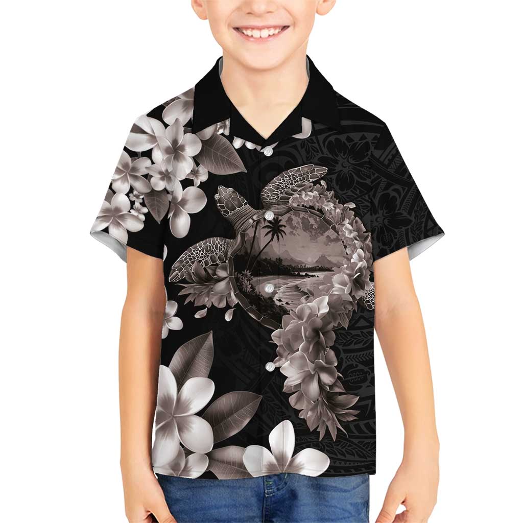Hawaiian Lei Day Family Matching Summer Maxi Dress and Hawaiian Shirt Plumeria and Turtle with Polynesian Tribal Pattern Grayscale Color LT03 Son's Shirt Black - Polynesian Pride