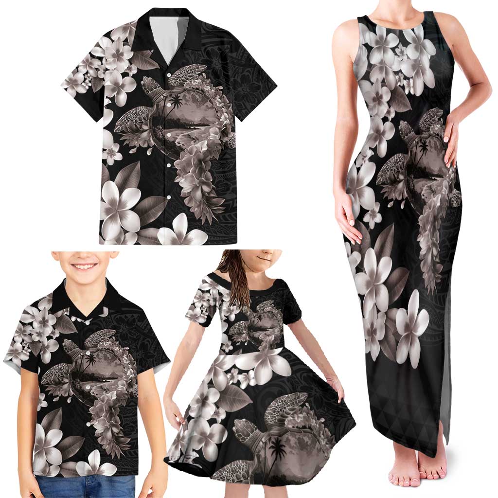 Hawaiian Lei Day Family Matching Tank Maxi Dress and Hawaiian Shirt Plumeria and Turtle with Polynesian Tribal Pattern Grayscale Color LT03 - Polynesian Pride