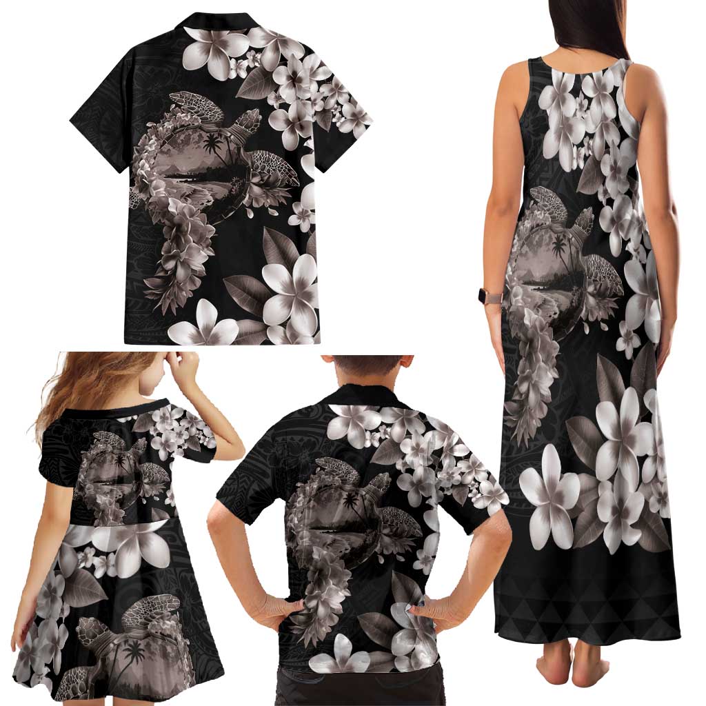 Hawaiian Lei Day Family Matching Tank Maxi Dress and Hawaiian Shirt Plumeria and Turtle with Polynesian Tribal Pattern Grayscale Color LT03 - Polynesian Pride