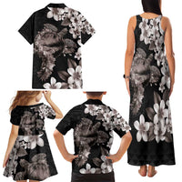 Hawaiian Lei Day Family Matching Tank Maxi Dress and Hawaiian Shirt Plumeria and Turtle with Polynesian Tribal Pattern Grayscale Color LT03 - Polynesian Pride